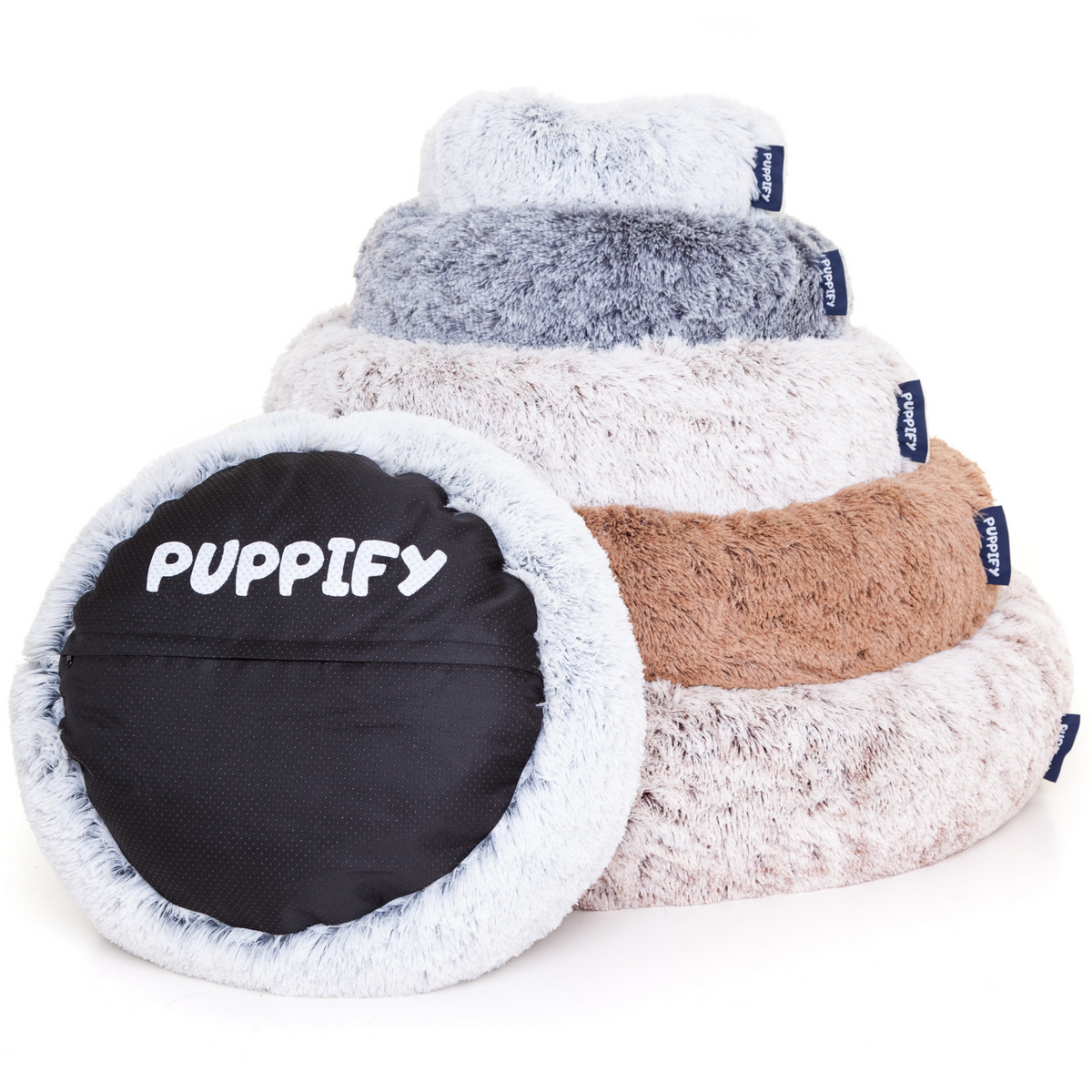Puppify&#39;s premium donut hondenmand met zachte, luxe stoffen voor ultiem comfort.